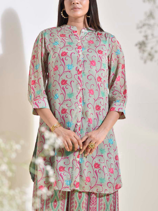 Tea Green Floral Printed Georgette Co Ord Set