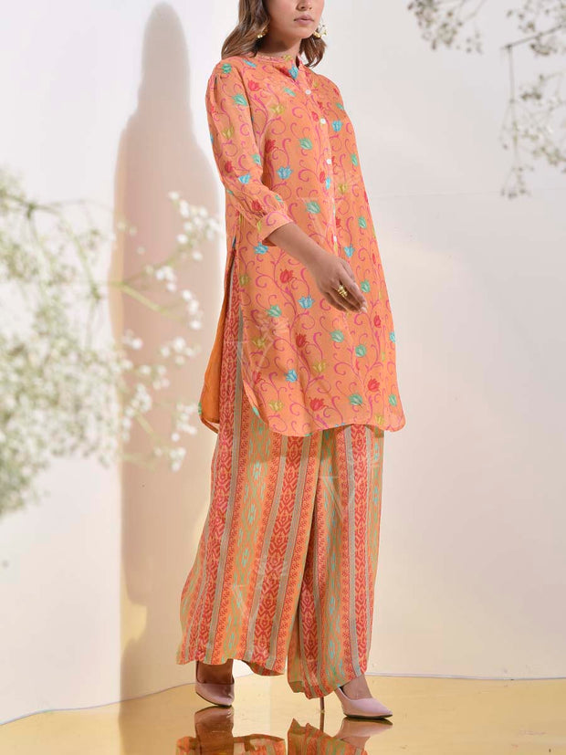 Peach Orange Floral Printed Georgette Co-ord Set