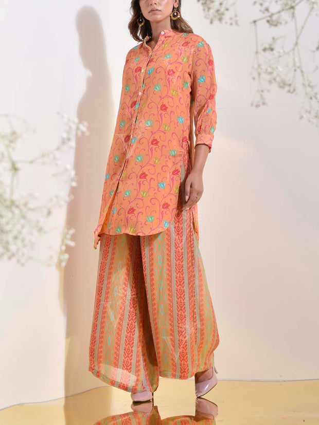 Peach Orange Floral Printed Georgette Co-ord Set