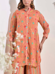 Peach Orange Floral Printed Georgette Co-ord Set