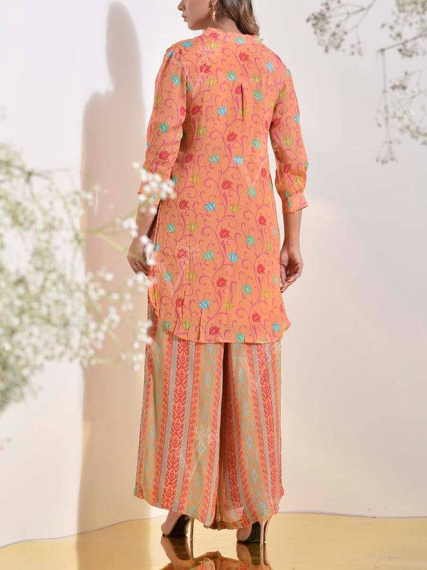 Peach Orange Floral Printed Georgette Co-ord Set