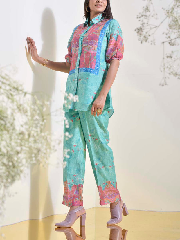 Turquoise Vasansi Silk Embroidered Printed Co Ord Set