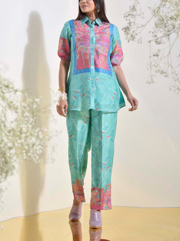 Turquoise Vasansi Silk Embroidered Printed Co Ord Set