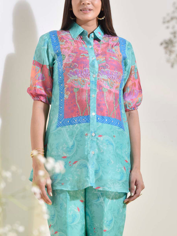 Turquoise Vasansi Silk Embroidered Printed Co Ord Set