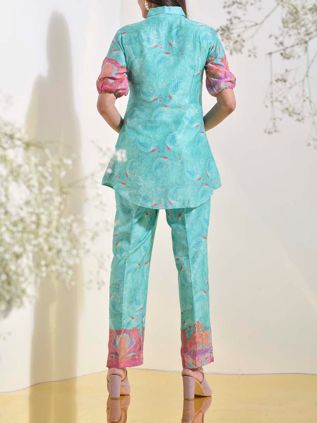 Turquoise Vasansi Silk Embroidered Printed Co Ord Set