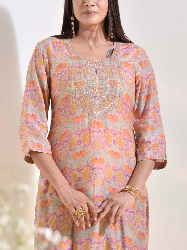 Beige Vasansi Silk Printed Kurti