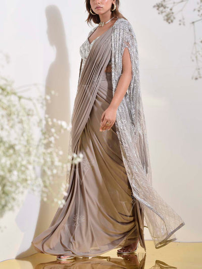 Dusty Brown Embroidered Pre-Stitch Saree