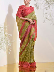 Red and Green Vasansi Silk Bandhani Printed Saree