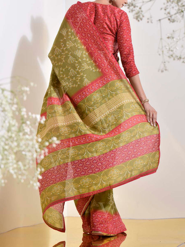 Red and Green Vasansi Silk Bandhani Printed Saree