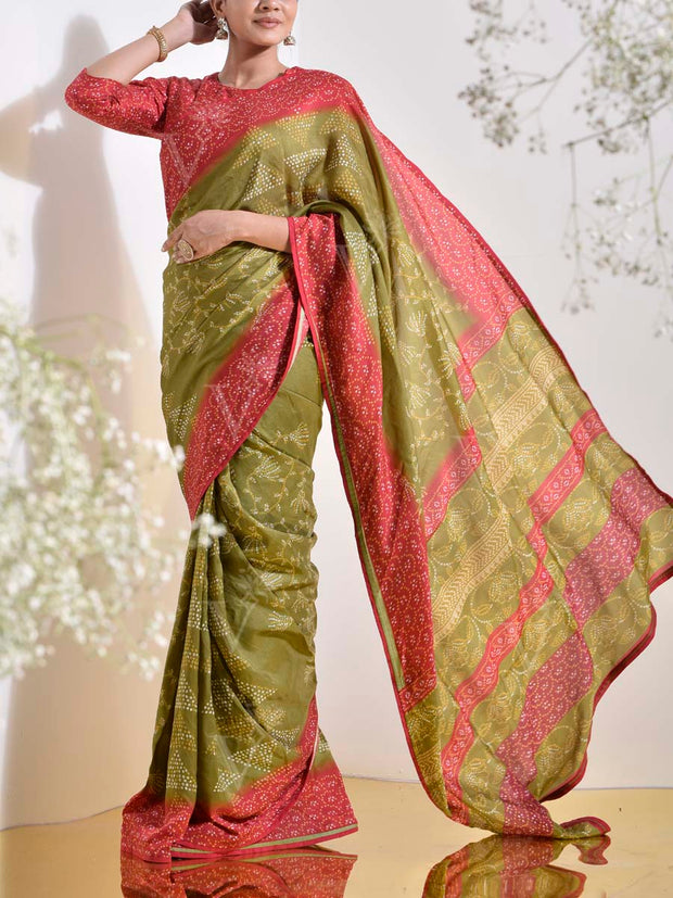 Red and Green Vasansi Silk Bandhani Printed Saree