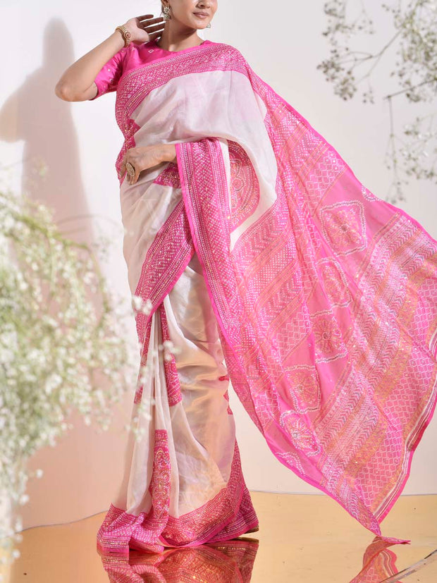 Pink and White Vasansi Silk Bandhani Printed Saree