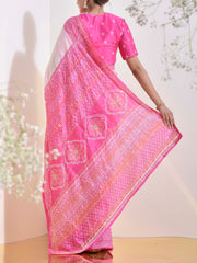 Pink and White Vasansi Silk Bandhani Printed Saree