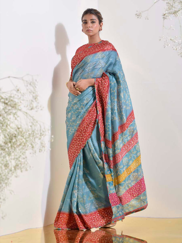 Teal Bandhani Printed Embroidered Saree