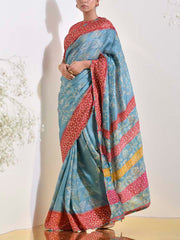 Teal Bandhani Printed Embroidered Saree