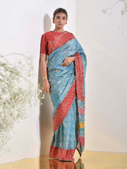 Teal Bandhani Printed Embroidered Saree