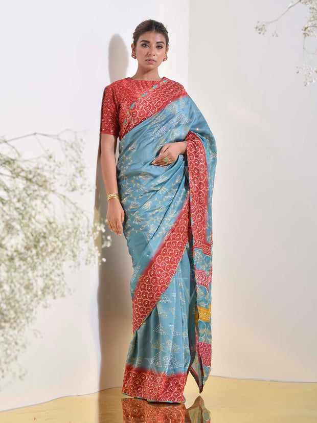 Teal Bandhani Printed Embroidered Saree