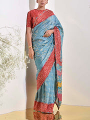 Teal Bandhani Printed Embroidered Saree