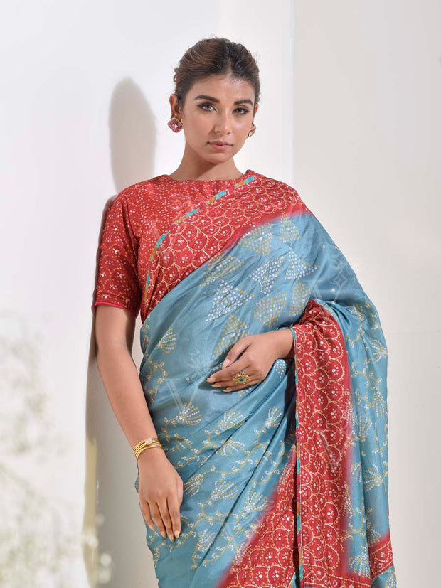 Teal Bandhani Printed Embroidered Saree