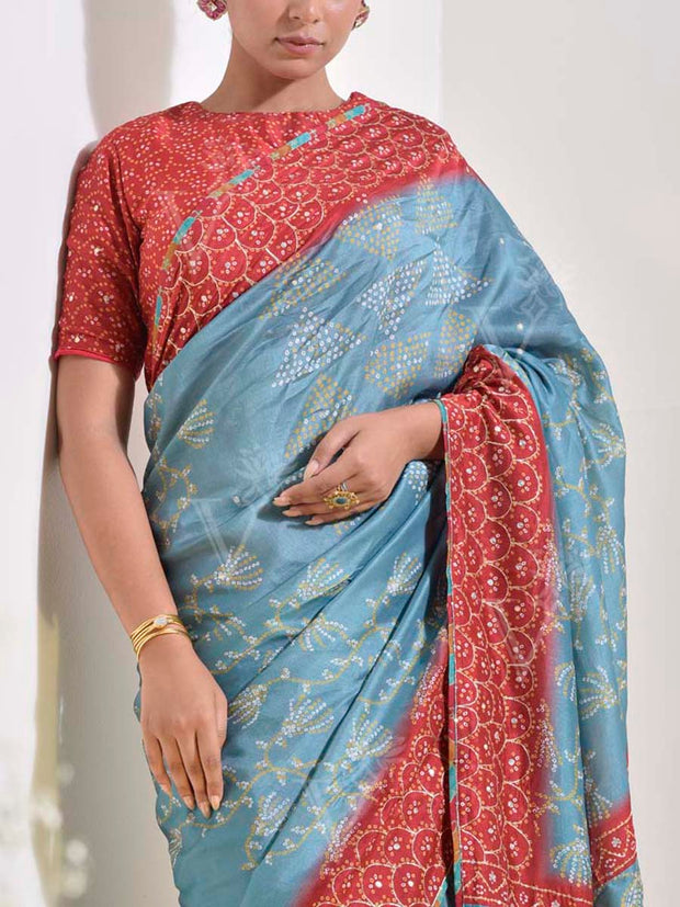 Teal Bandhani Printed Embroidered Saree