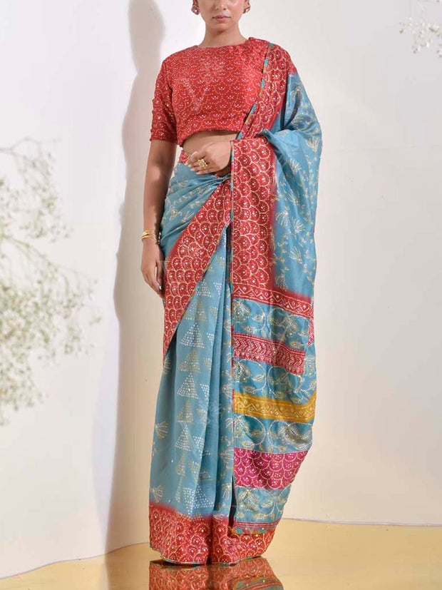 Teal Bandhani Printed Embroidered Saree