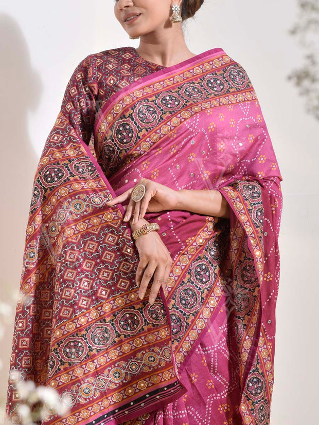 Berry Pink Vasansi Silk Printed Embroidered Saree