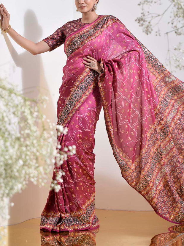 Berry Pink Vasansi Silk Printed Embroidered Saree