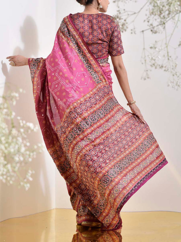 Berry Pink Vasansi Silk Printed Embroidered Saree