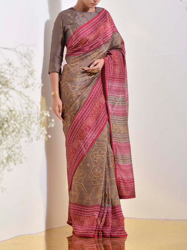 Brown and Pink Vasansi Silk Printed Embroidered Saree