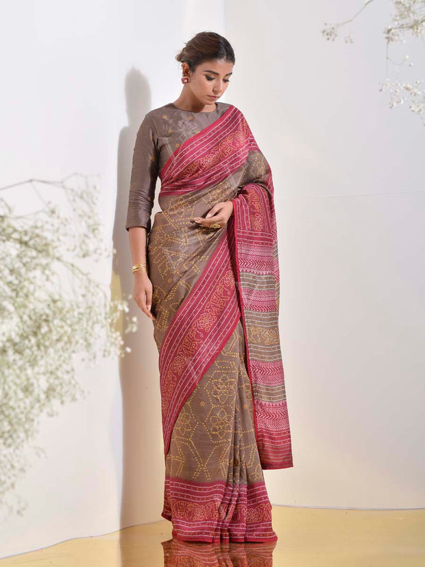 Brown and Pink Vasansi Silk Printed Embroidered Saree