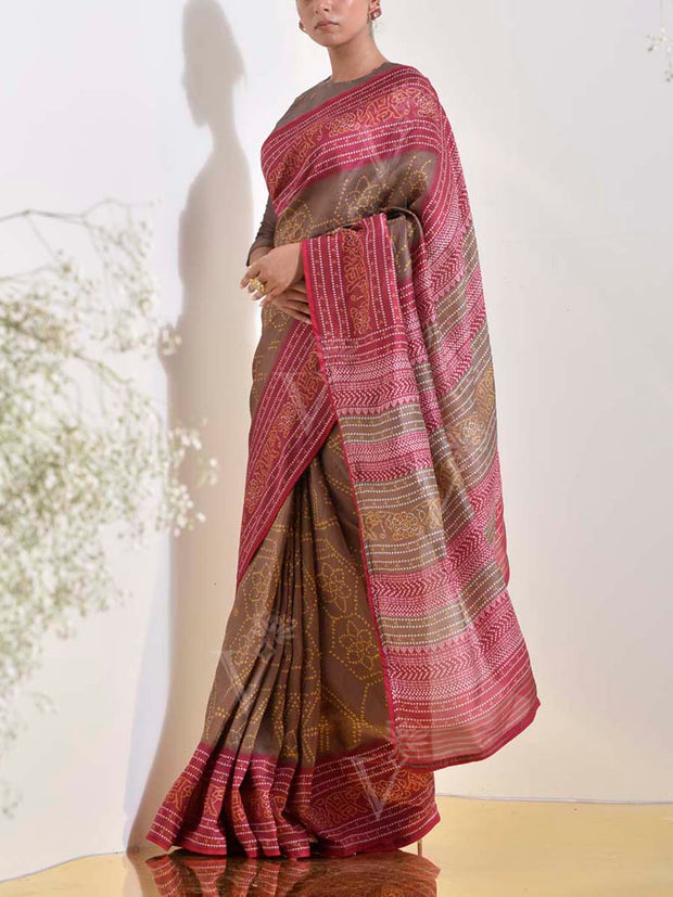 Brown and Pink Vasansi Silk Printed Embroidered Saree