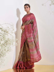 Brown and Pink Vasansi Silk Printed Embroidered Saree