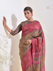 Brown and Pink Vasansi Silk Printed Embroidered Saree