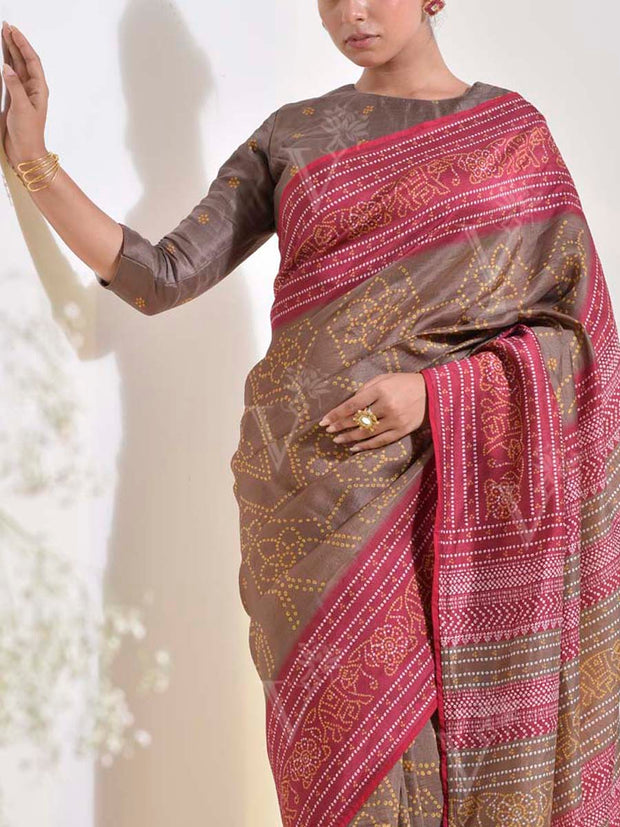 Brown and Pink Vasansi Silk Printed Embroidered Saree