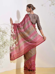 Brown and Pink Vasansi Silk Printed Embroidered Saree