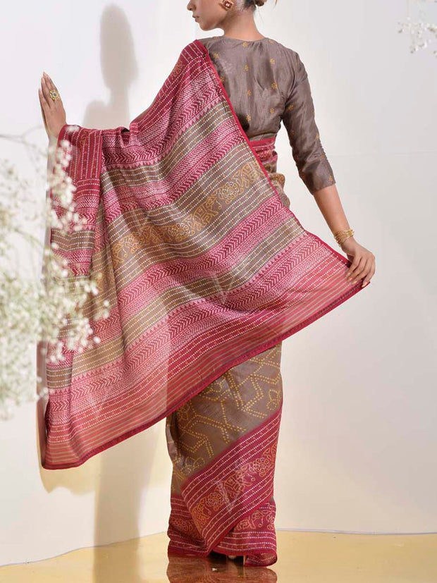 Brown and Pink Vasansi Silk Printed Embroidered Saree