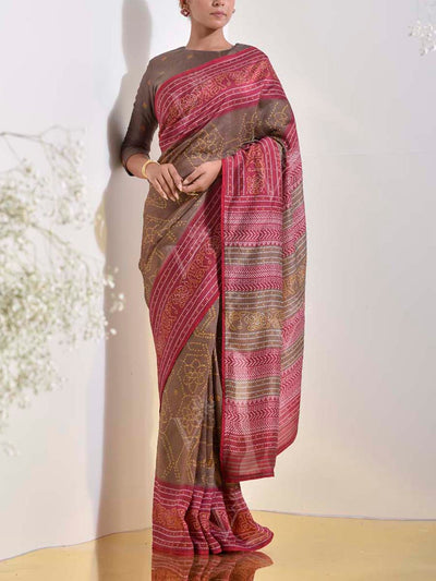 Brown and Pink Vasansi Silk Printed Embroidered Saree