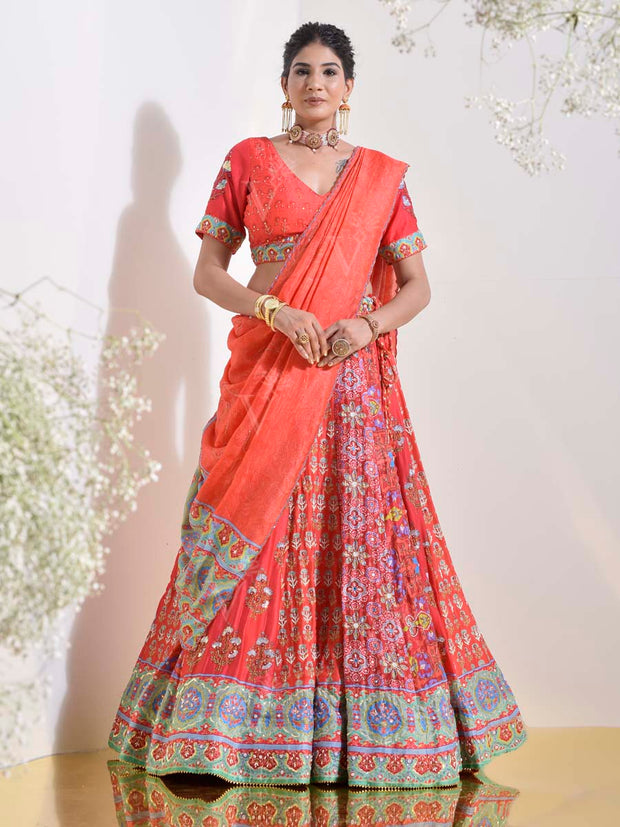 Red Vasansi Silk Printed Lehenga Set