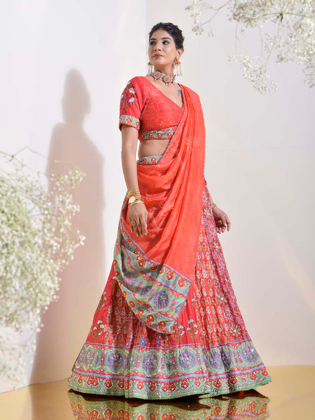 Red Vasansi Silk Printed Lehenga Set