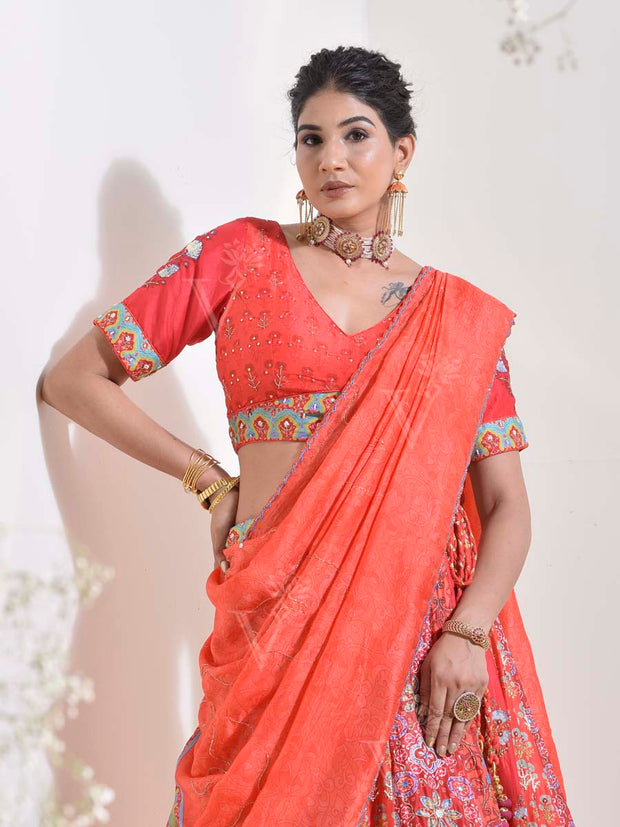 Red Vasansi Silk Printed Lehenga Set