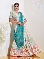 Ivory and Green Vasansi Silk Printed Lehenga Set