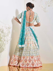 Ivory and Green Vasansi Silk Printed Lehenga Set