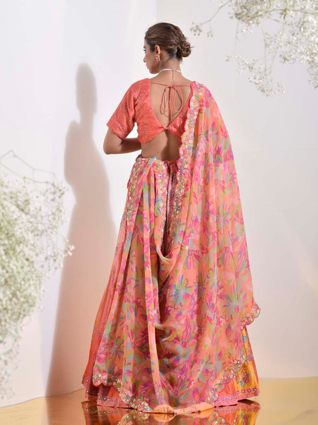 Peach Vasansi Silk Printed Lehenga Set