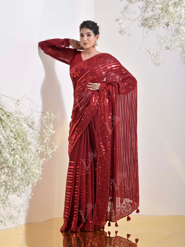 Maroon Georgette Cocktail Saree