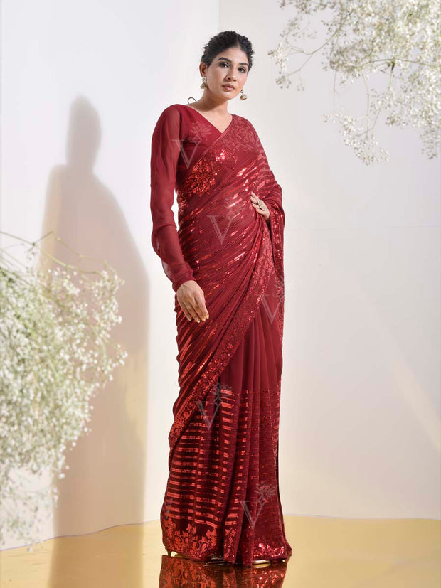 Maroon Georgette Cocktail Saree