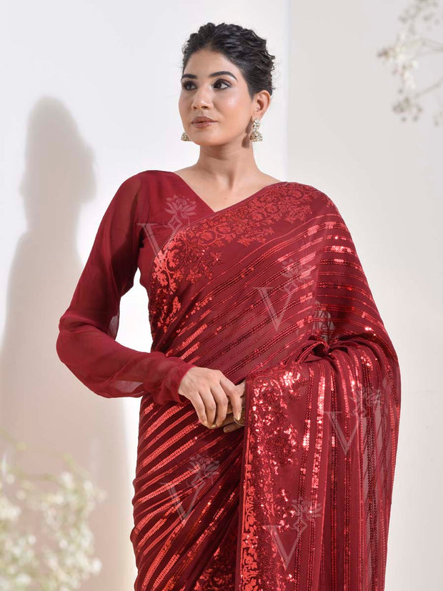 Maroon Georgette Cocktail Saree