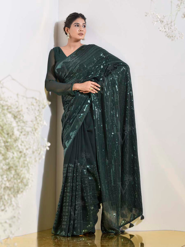 Green Georgette Cocktail Saree