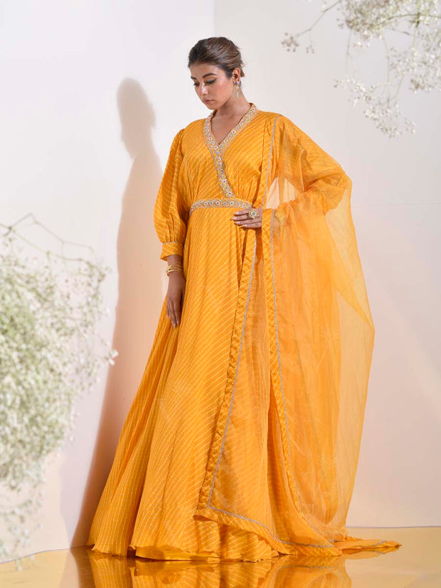 Yellow Vasansi Silk Leheriya Anarkali Gown