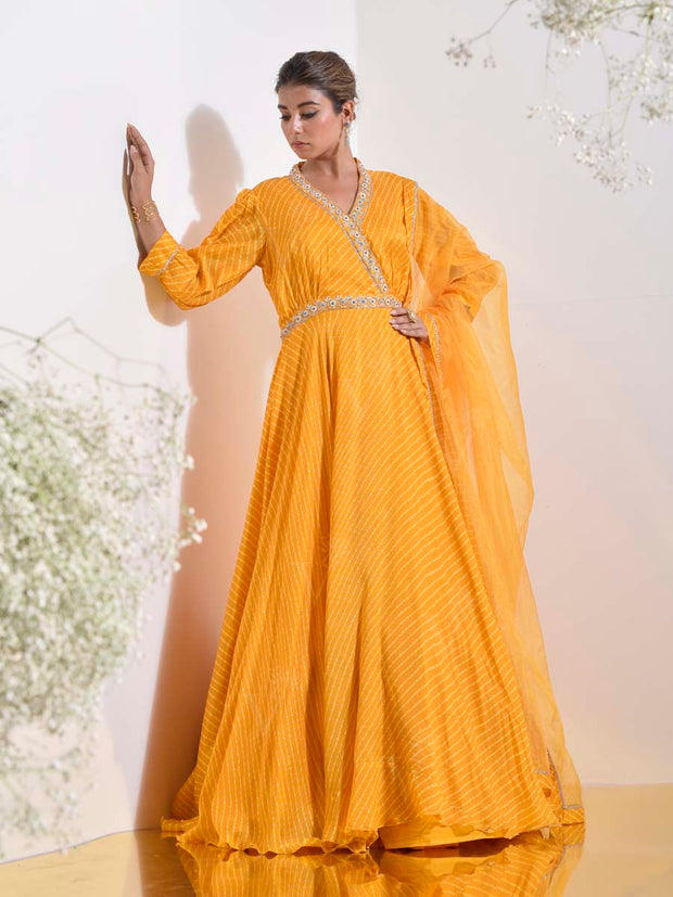 Yellow Vasansi Silk Leheriya Anarkali Gown