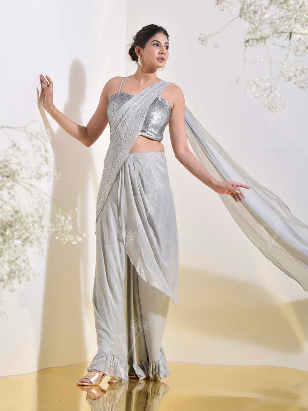 Grey Embroidered Pre-stich Saree