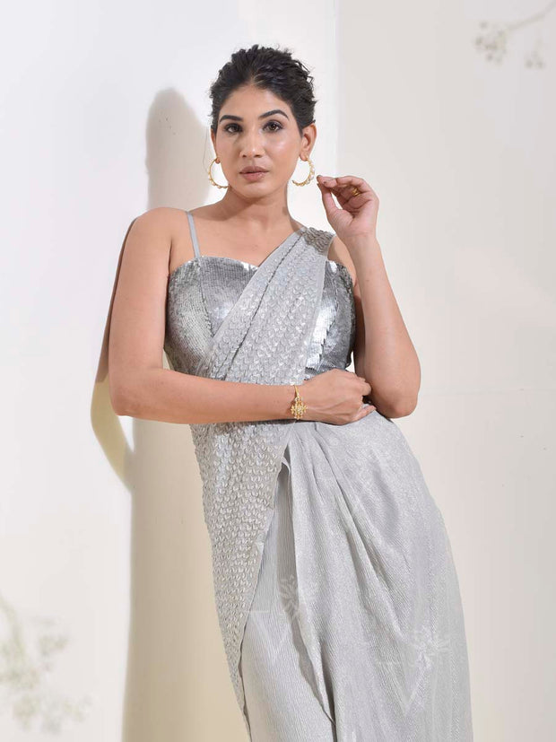 Grey Embroidered Pre-stich Saree